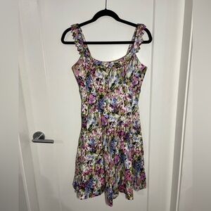 Nine West Y2K Floral Summer Dress Sundress Fit Flare pleated Stretch Cotton Sz 4
